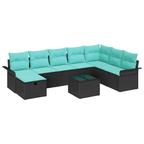 Havesofa Sæt med pude 9 stk Sort og turkis polyrattan