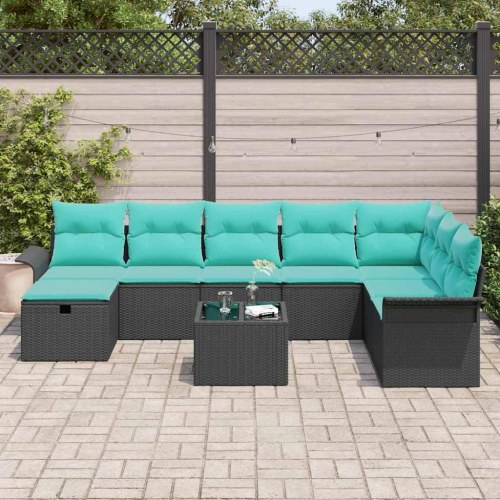 Havesofa Sæt med pude 9 stk Sort og turkis polyrattan
