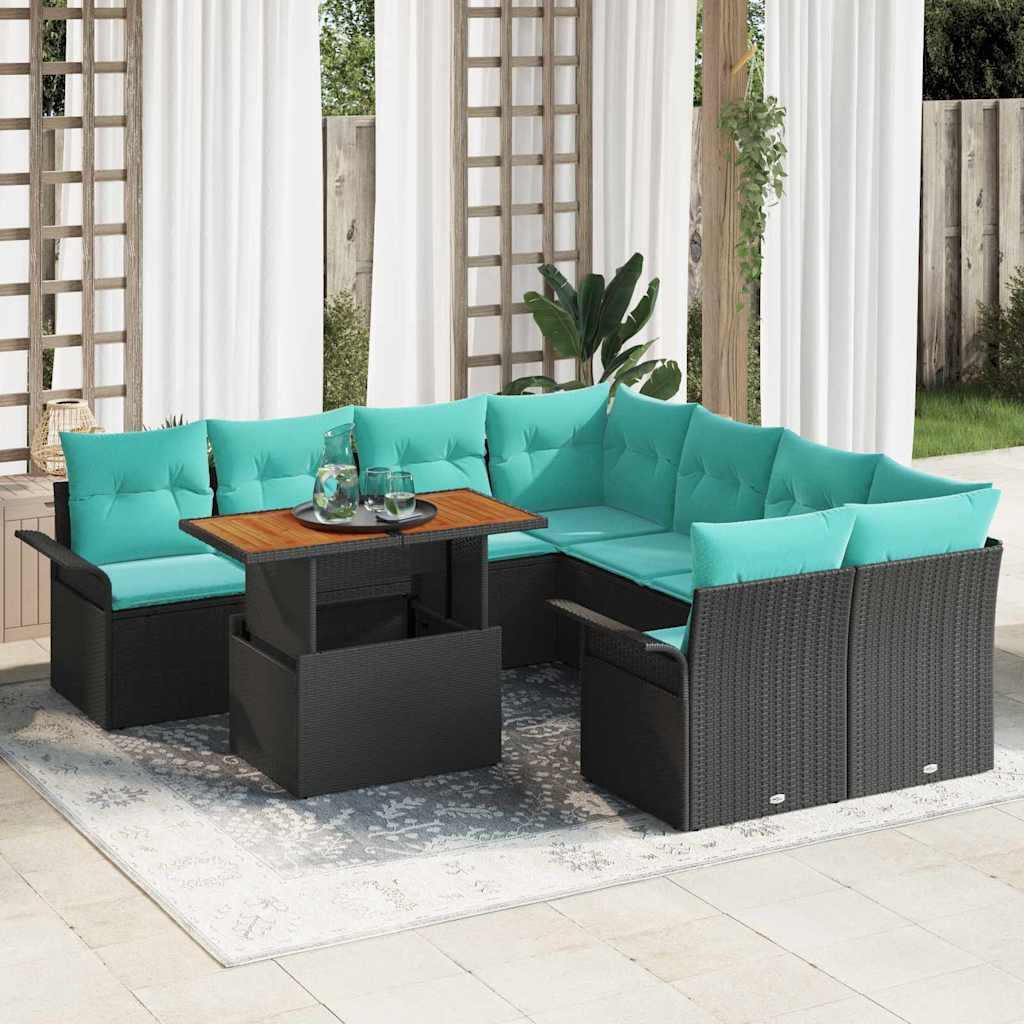 Havesofa Sæt med pude 9 stk Sort og Blå polyrattan