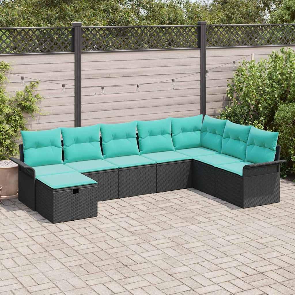 Havesofa Sæt med pude 8 stk Sort og turkis polyrattan