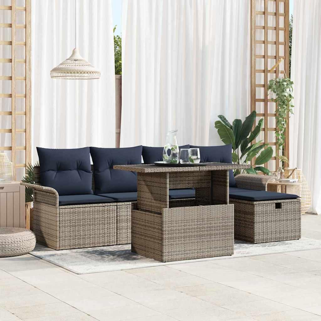 Havesofa Sæt med pude med opbevaring 6 stk Grå polyrattan