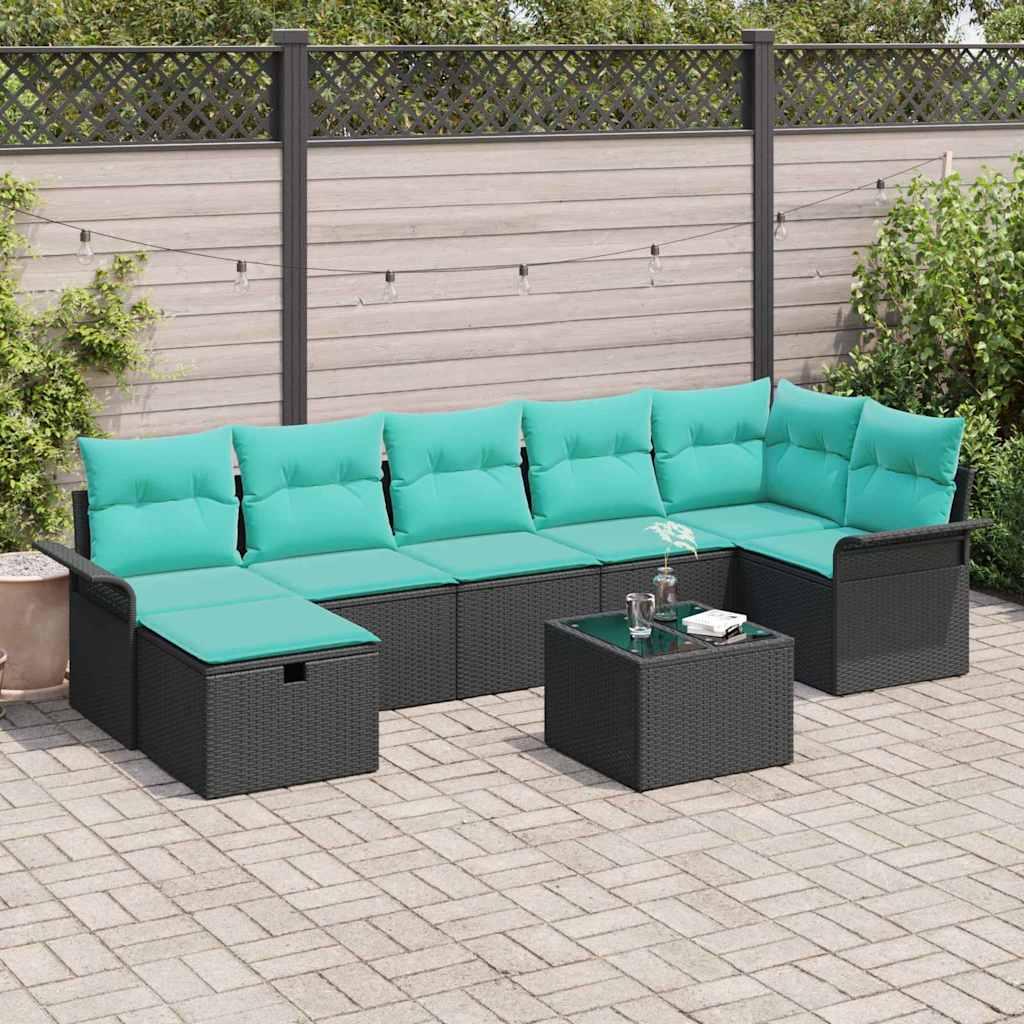 Havesofa Sæt med pude 8 stk Sort og turkis polyrattan