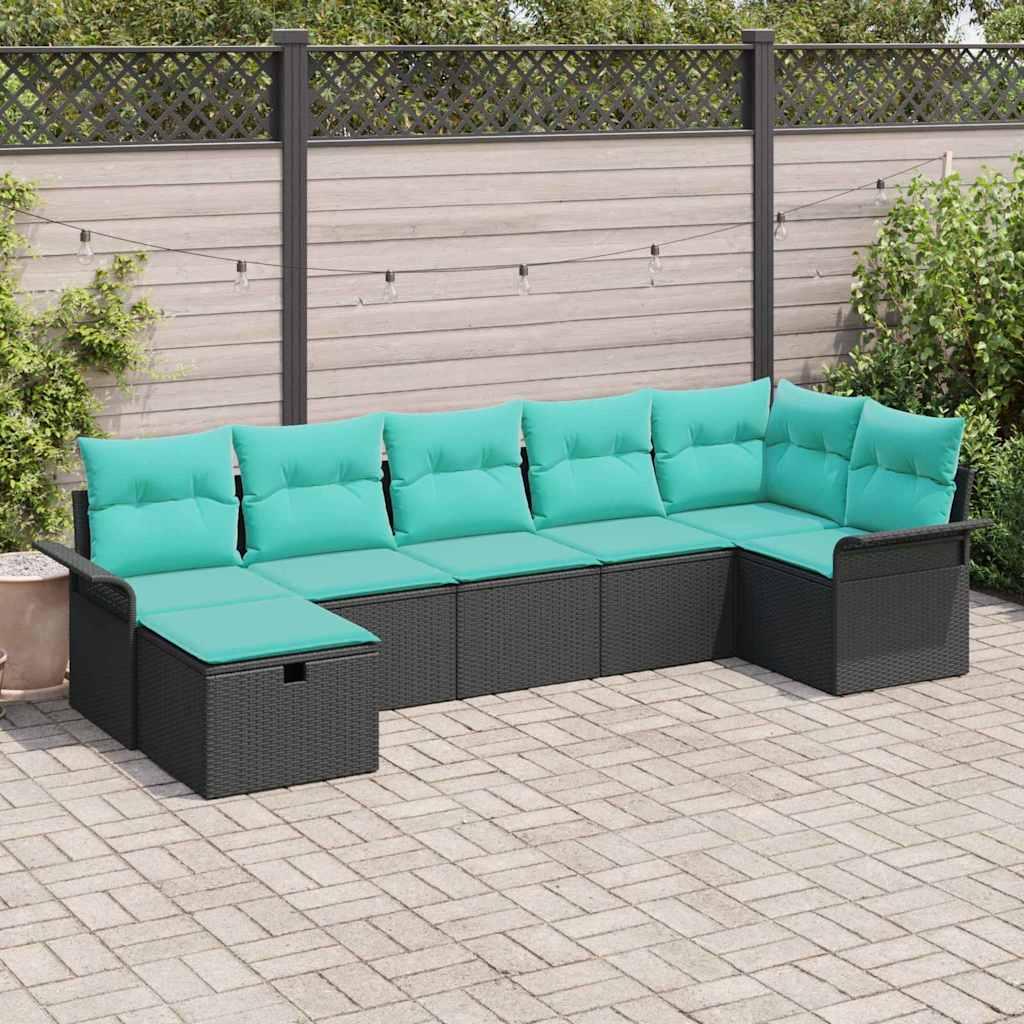 Havesofa Sæt med pude 7 stk Sort og turkis polyrattan