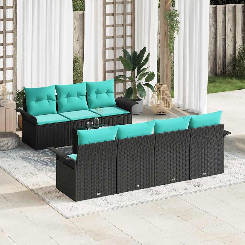Havesofa Sæt med pude 8 stk Sort polyrattan
