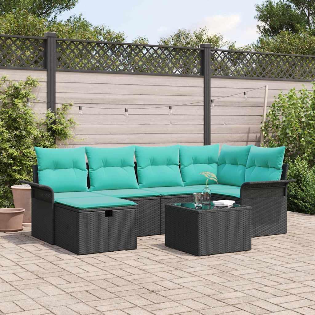 Havesofa Sæt med pude 7 stk Sort og turkis polyrattan
