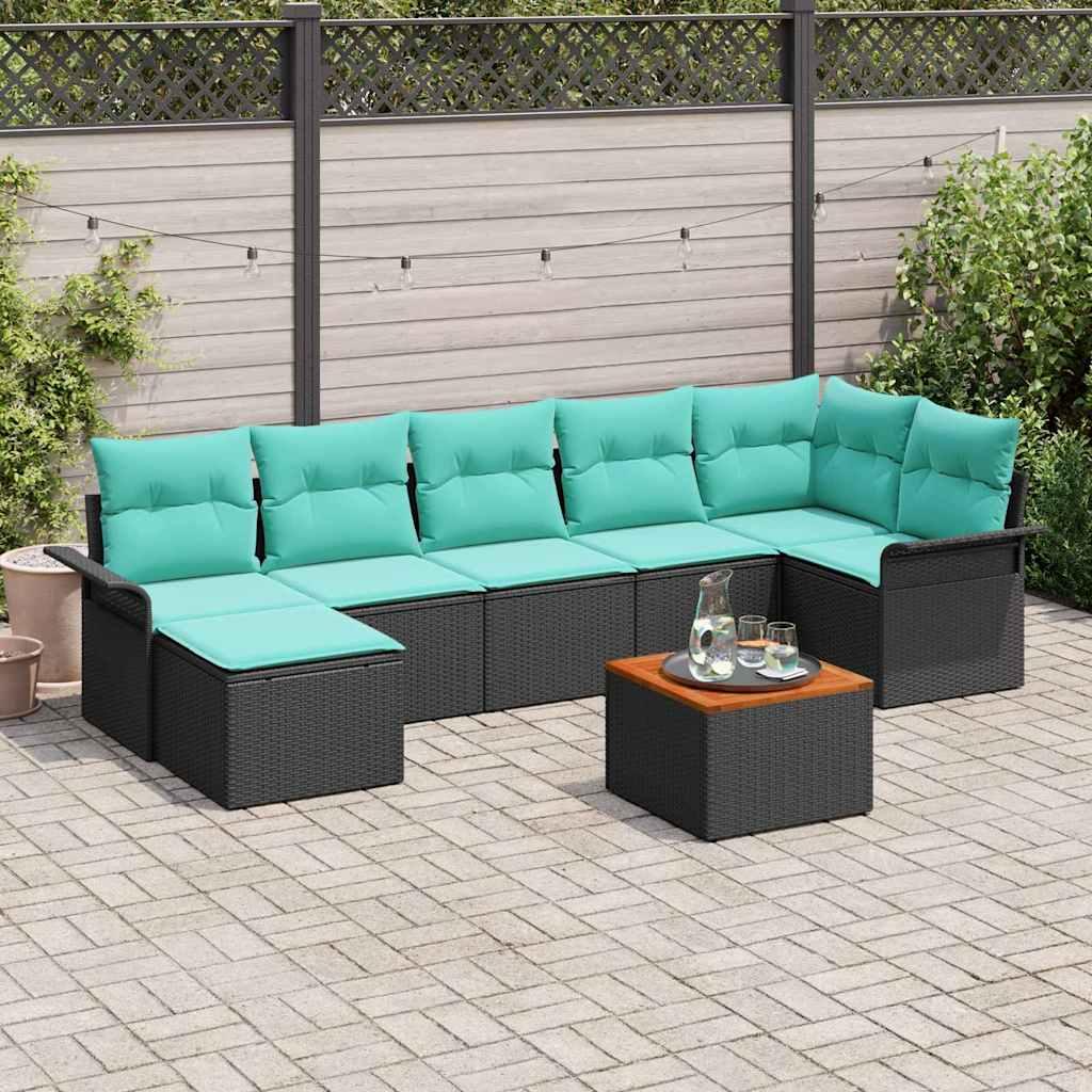 Havesofa Sæt med opbevaring 8 stk Sort og turkis polyrattan