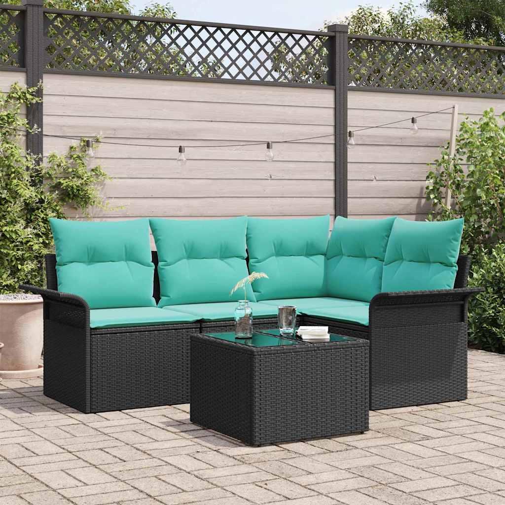 Havesofa-sæt med opbevaring - 5 dele i sort polyrattan