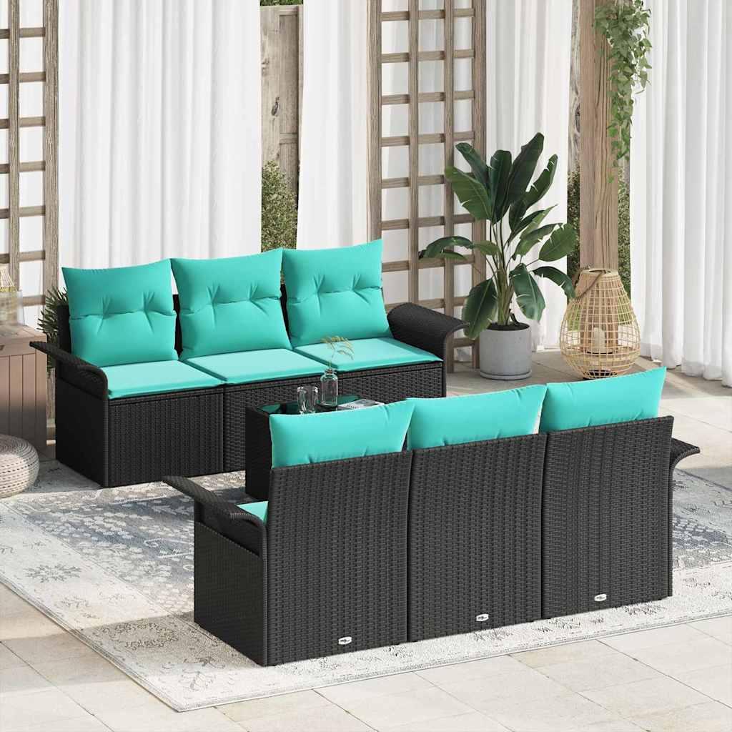 Havesofa Sæt med pude 7 stk Sort polyrattan