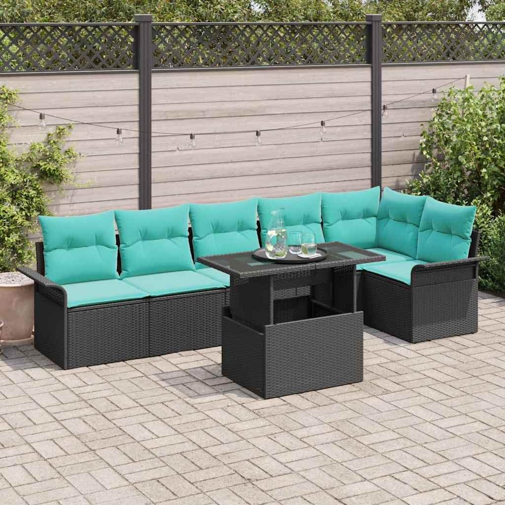 Havesofa sæt 7 dele med puder og justerbart bord - sort polyrattan
