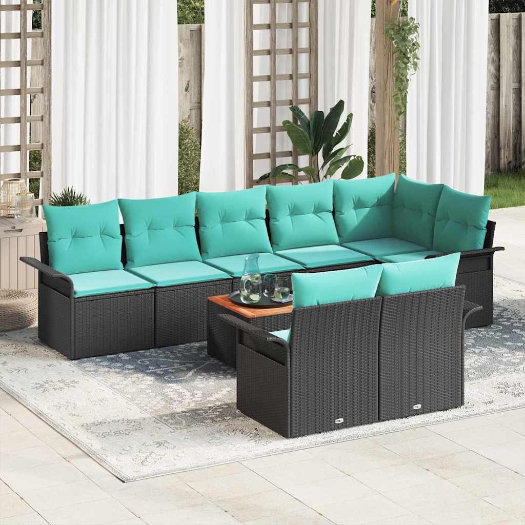 Havesofa Sæt med opbevaring 9 stk Sort og turkis polyrattan
