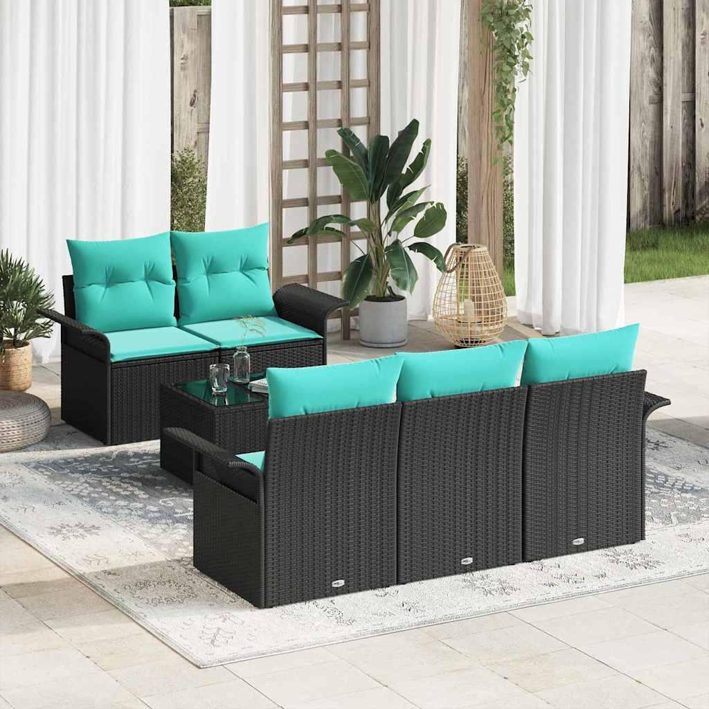 Havesofa Sæt med pude 6 stk Sort polyrattan