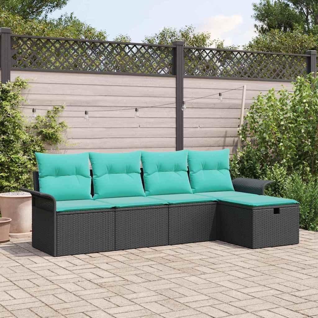 Havesofa Sæt med pude 5 stk Sort og turkis polyrattan