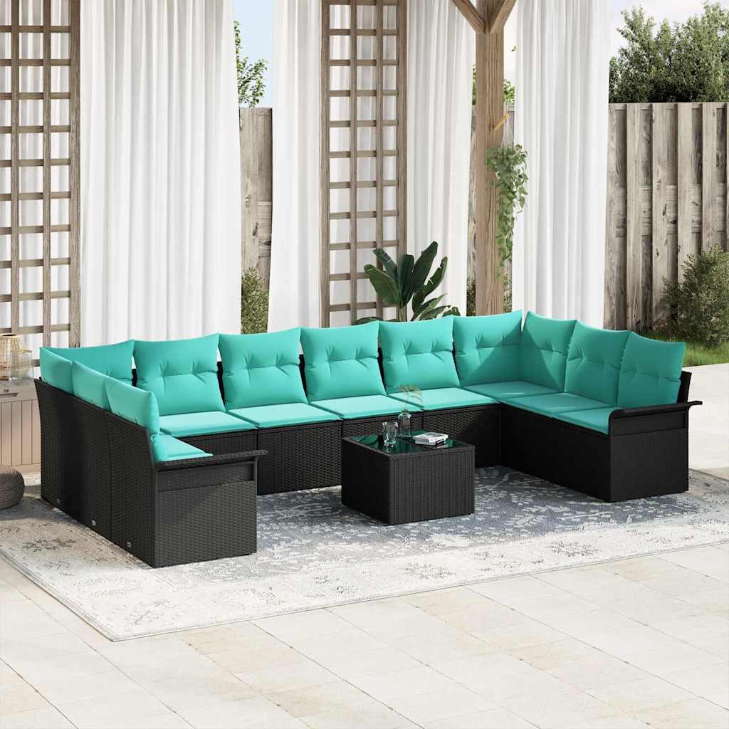 Havesofa Sæt med pude 11 stk Sort Poly rattan