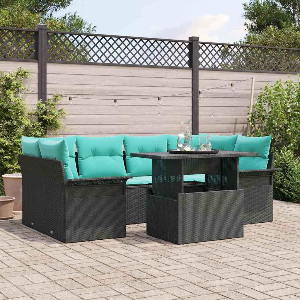 Havesofa sæt med opbevaring 7 stk sort polyrattan med puder