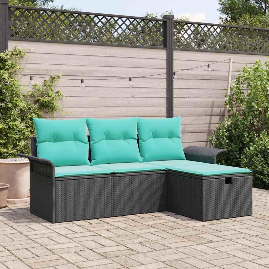 Havesofa Sæt med pude 4 stk Sort og turkis polyrattan