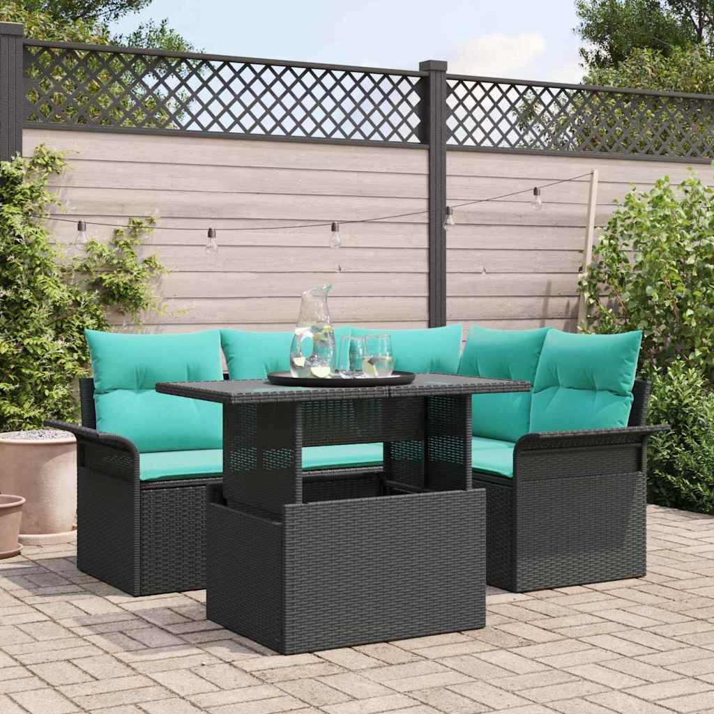 Havesofa sæt med puder 5 stk i sort polyrattan