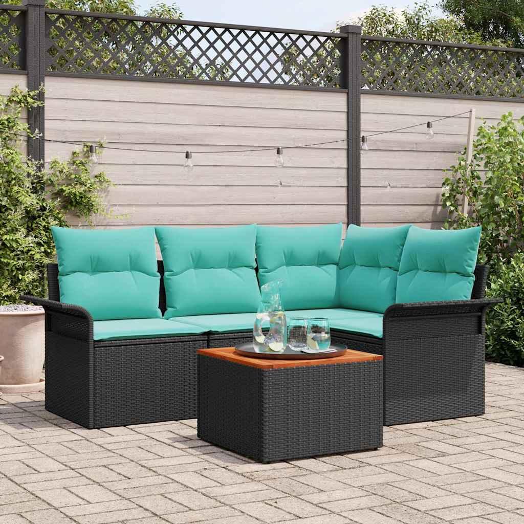 Havesofa Sæt med opbevaring 5 stk Sort og turkis polyrattan