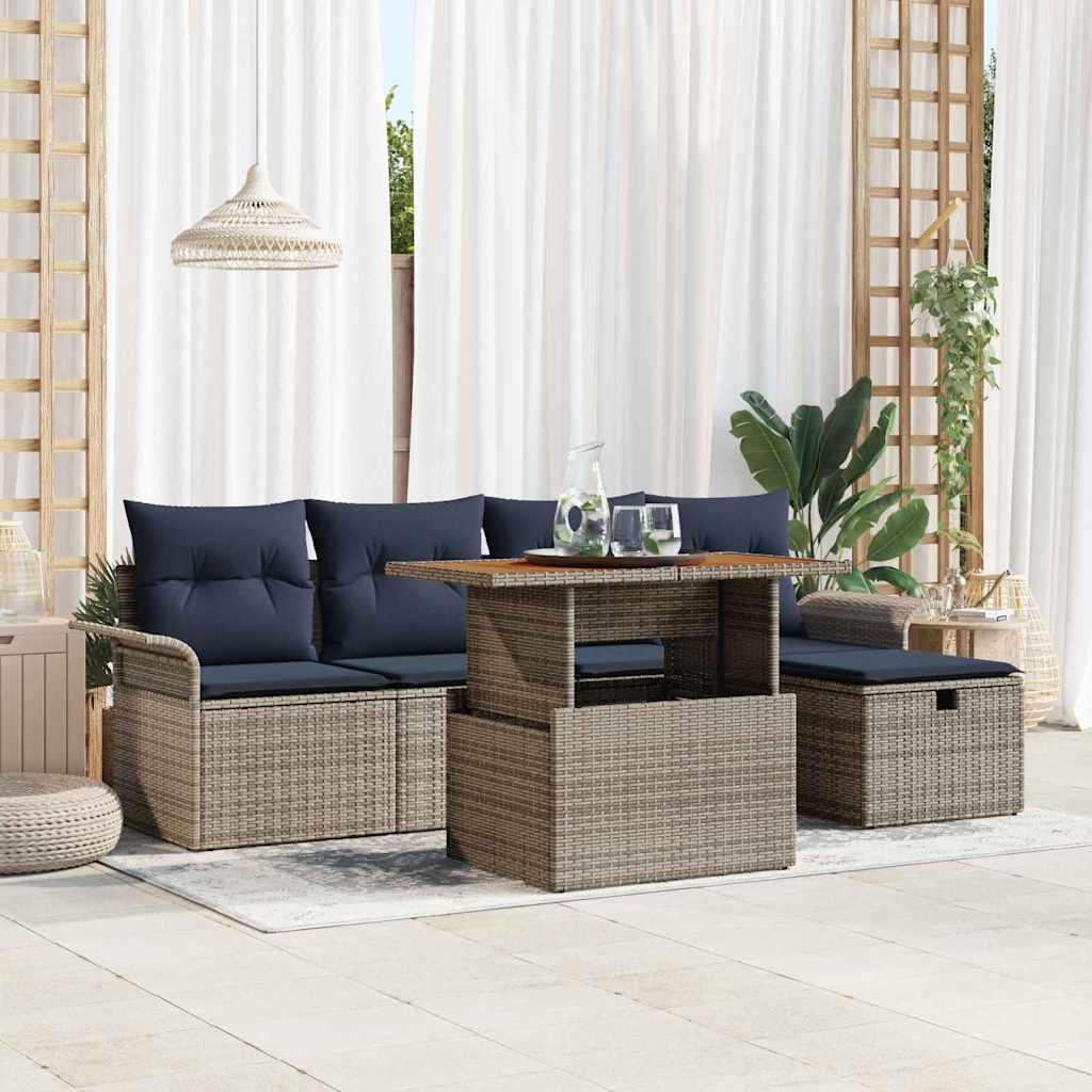 Havesofa sæt i grå polyrattan - 6 dele med bord og hynder