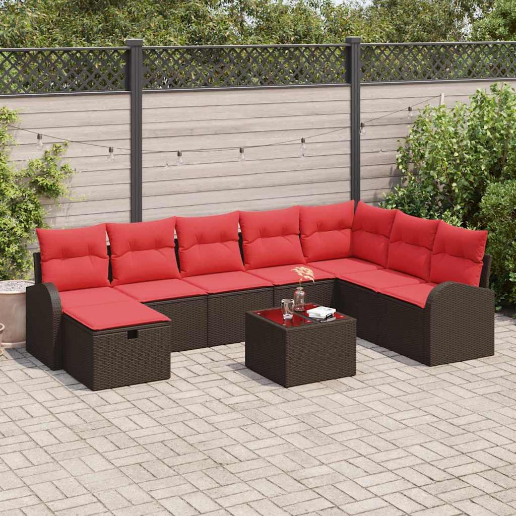 Sofa Sæt med pude med opbevaring 9 stk Brun og Rød polyrattan