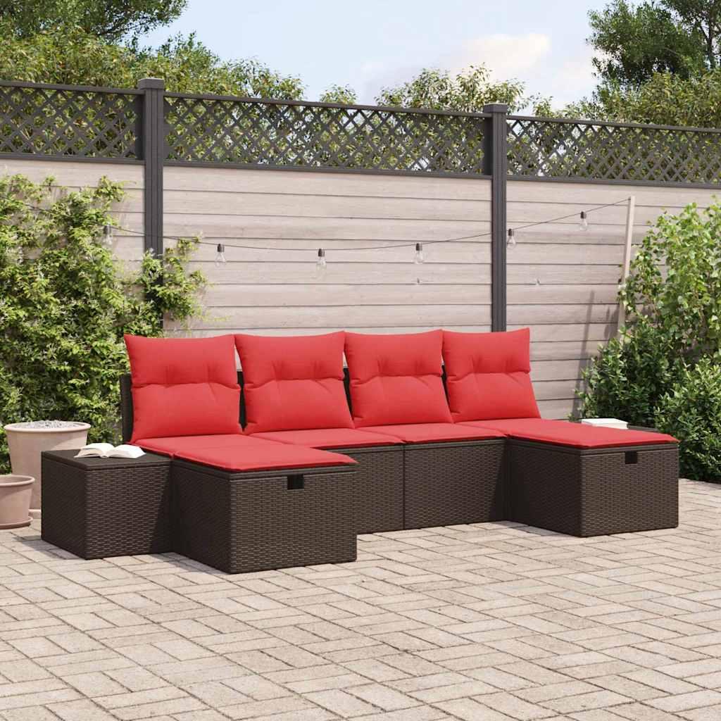 Havesofa sæt med puder - 6-personers brun polyrattan, modulopbygget