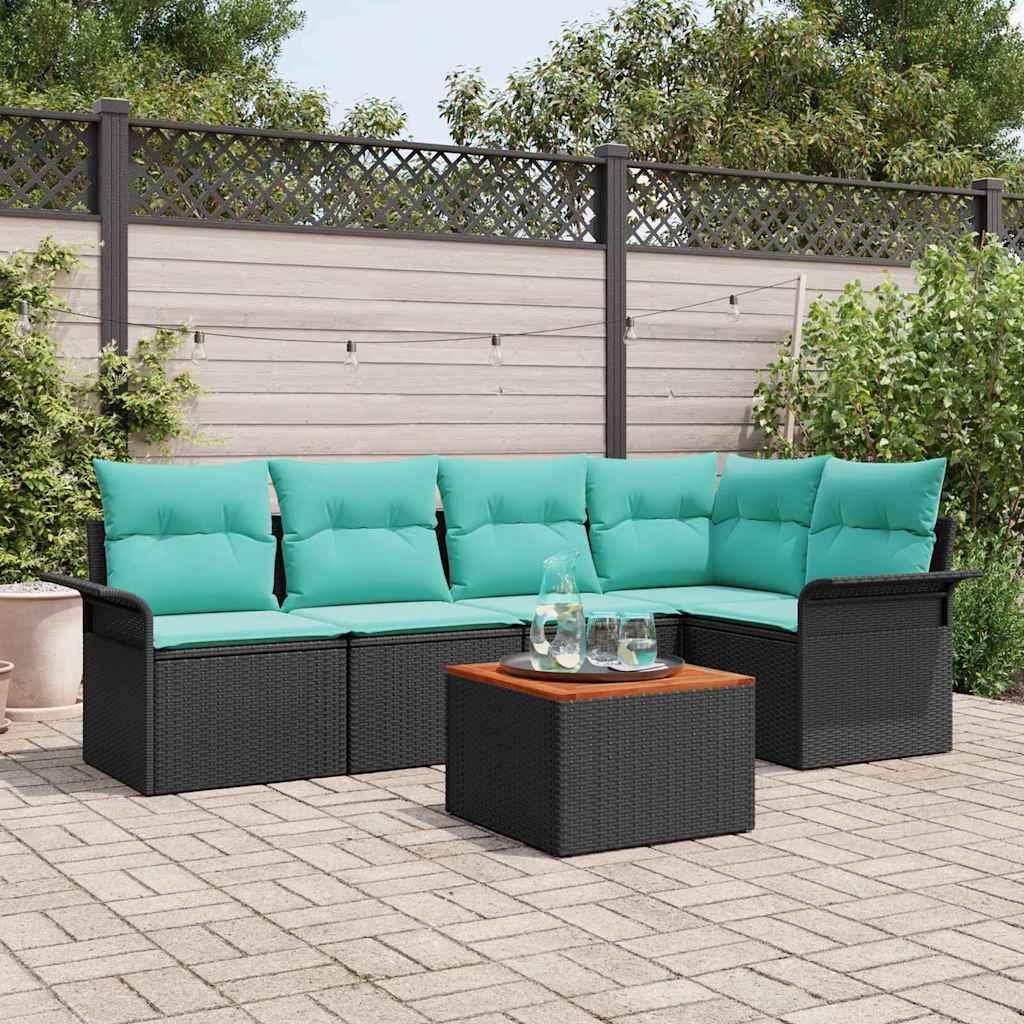 Havesofa Sæt med pude 6 stk Sort polyrattan