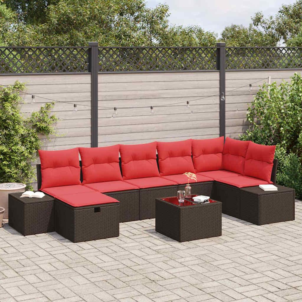 Havesofa-sæt i brun polyrattan med puder - 8 dele, modulært