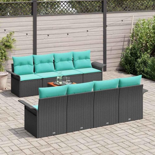 Havesofa Sæt med opbevaring 9 stk Sort og turkis polyrattan