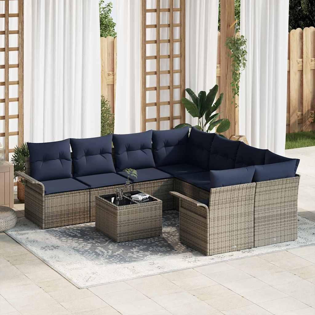 Havesofa Sæt med pude 9 stk Grå og Marineblå polyrattan