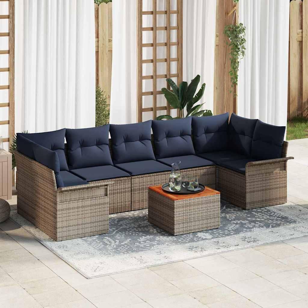 Havesofa Sæt med opbevaring 8 stk Grå og Marineblå polyrattan