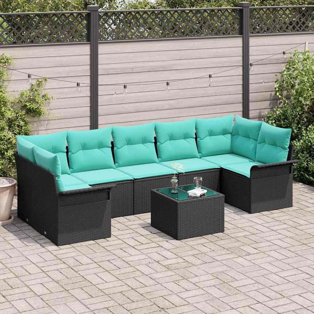 Havesofa Sæt med pude 8 stk Sort og turkis polyrattan