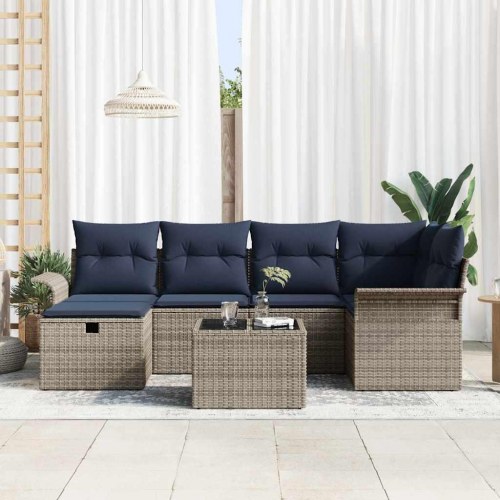 Havesofa Sæt med pude med opbevaring 7 stk Grå Poly rattan
