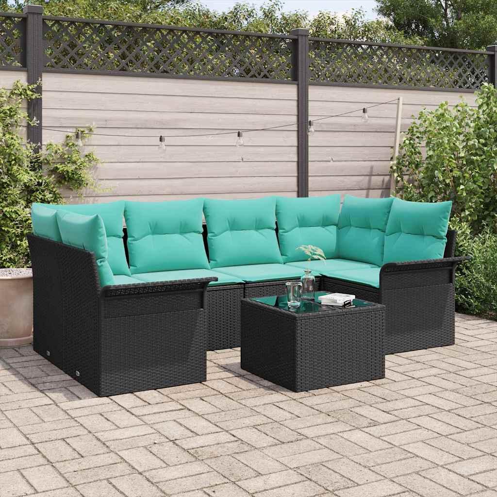 Havesofa Sæt med pude 7 stk Sort og turkis polyrattan