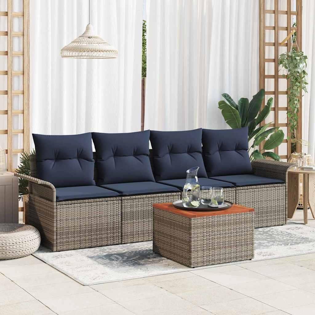 Havesofa Sæt med opbevaring 5 stk Grå og Marineblå polyrattan