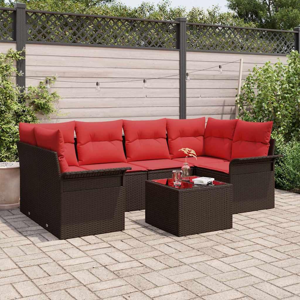 Havesofa sæt i polyrattan - 7 dele, beige/rød, modulært loungesæt