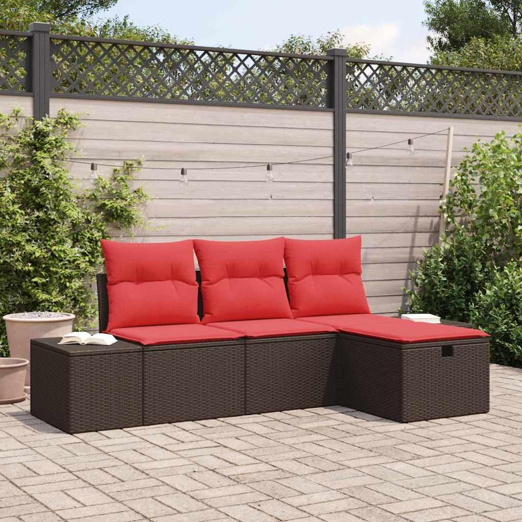 Modulær havesofa med puder og opbevaring - 4 dele i polyrattan, brun/rød