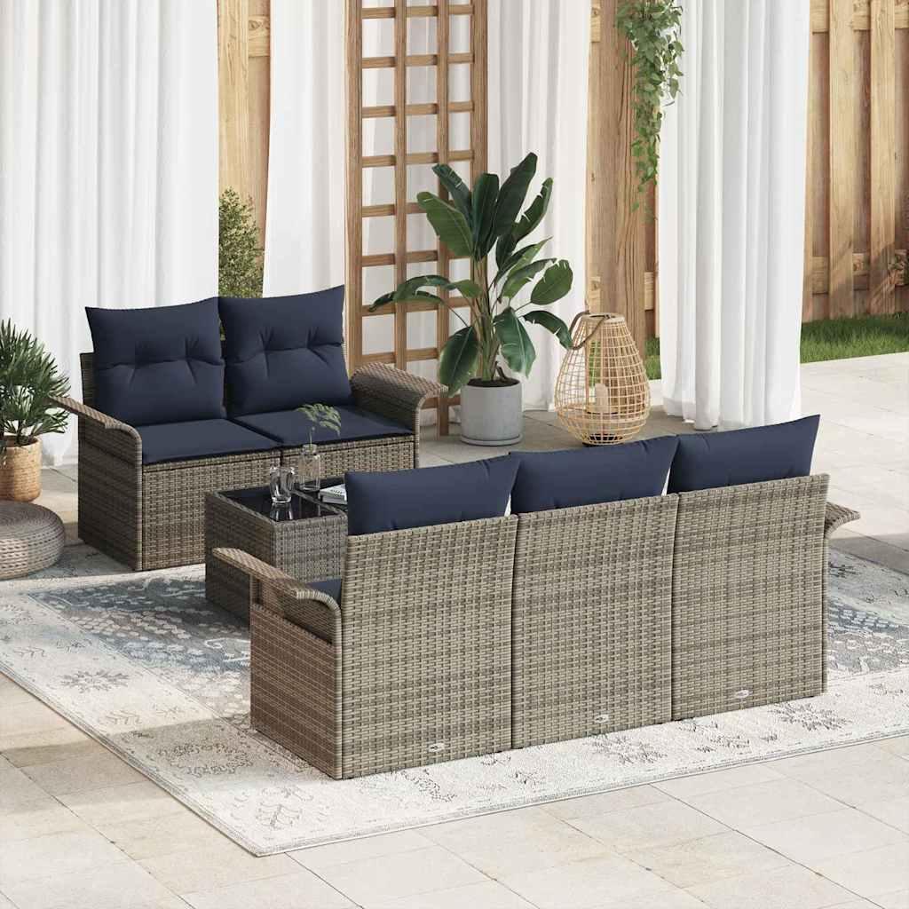Havesofa Sæt med pude 6 stk Grå og Marineblå polyrattan