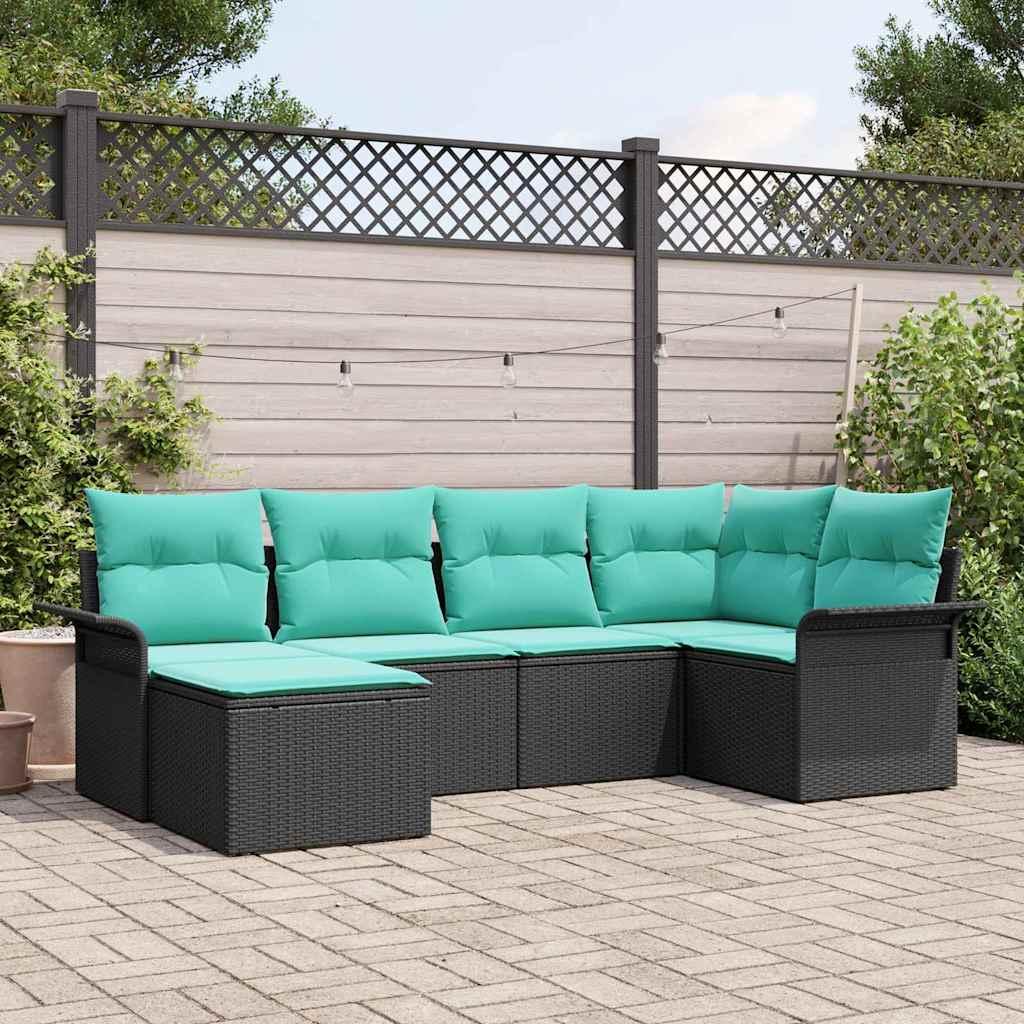 Havesofa Sæt med pude 6 stk Sort polyrattan