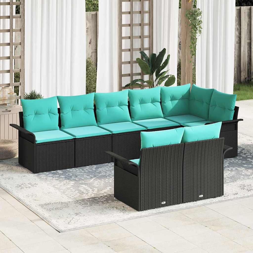 Havesofa Sæt med pude 8 stk Sort polyrattan
