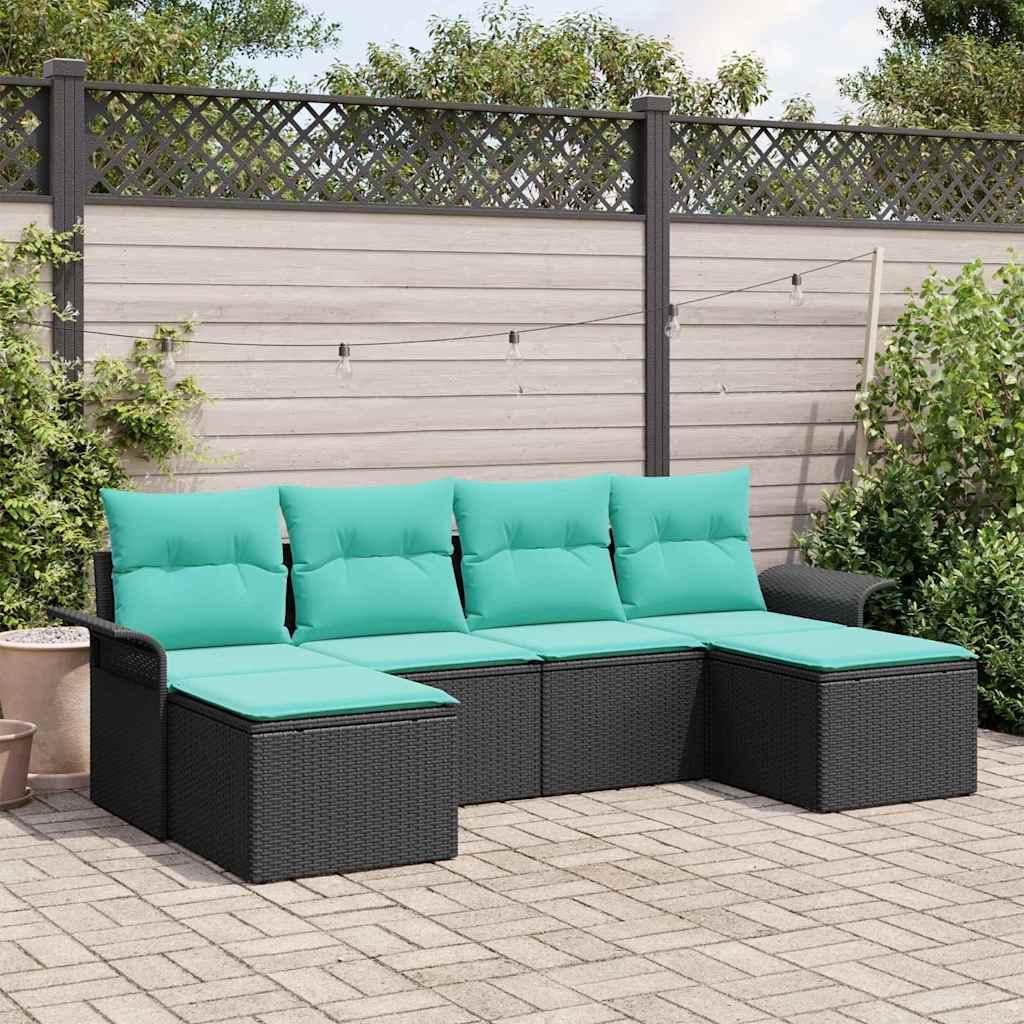 Havesofa Sæt med pude med opbevaring 6 stk Sort Poly rattan