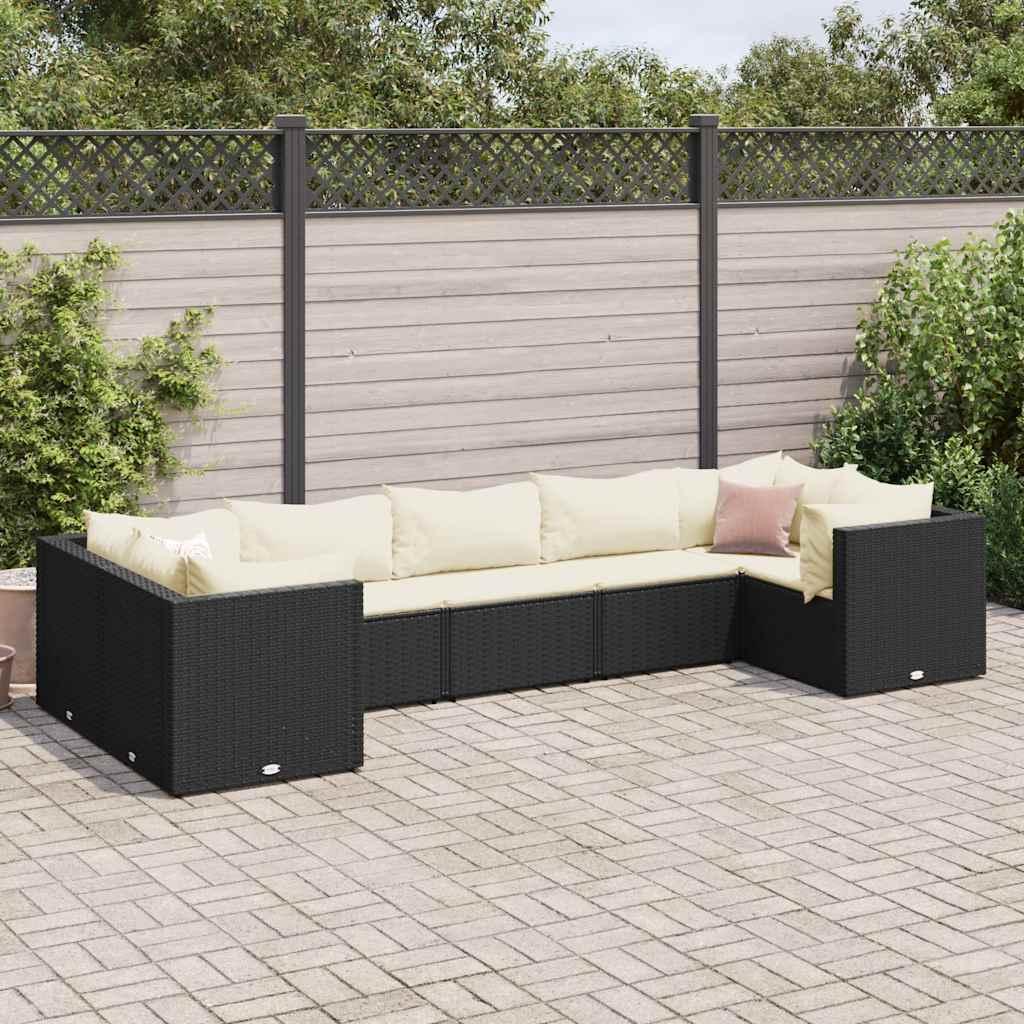 Loungesæt til haven i polyrattan - 7 dele med hynder, sort