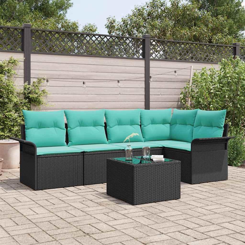 Havesofa Sæt med pude 6 stk Sort polyrattan