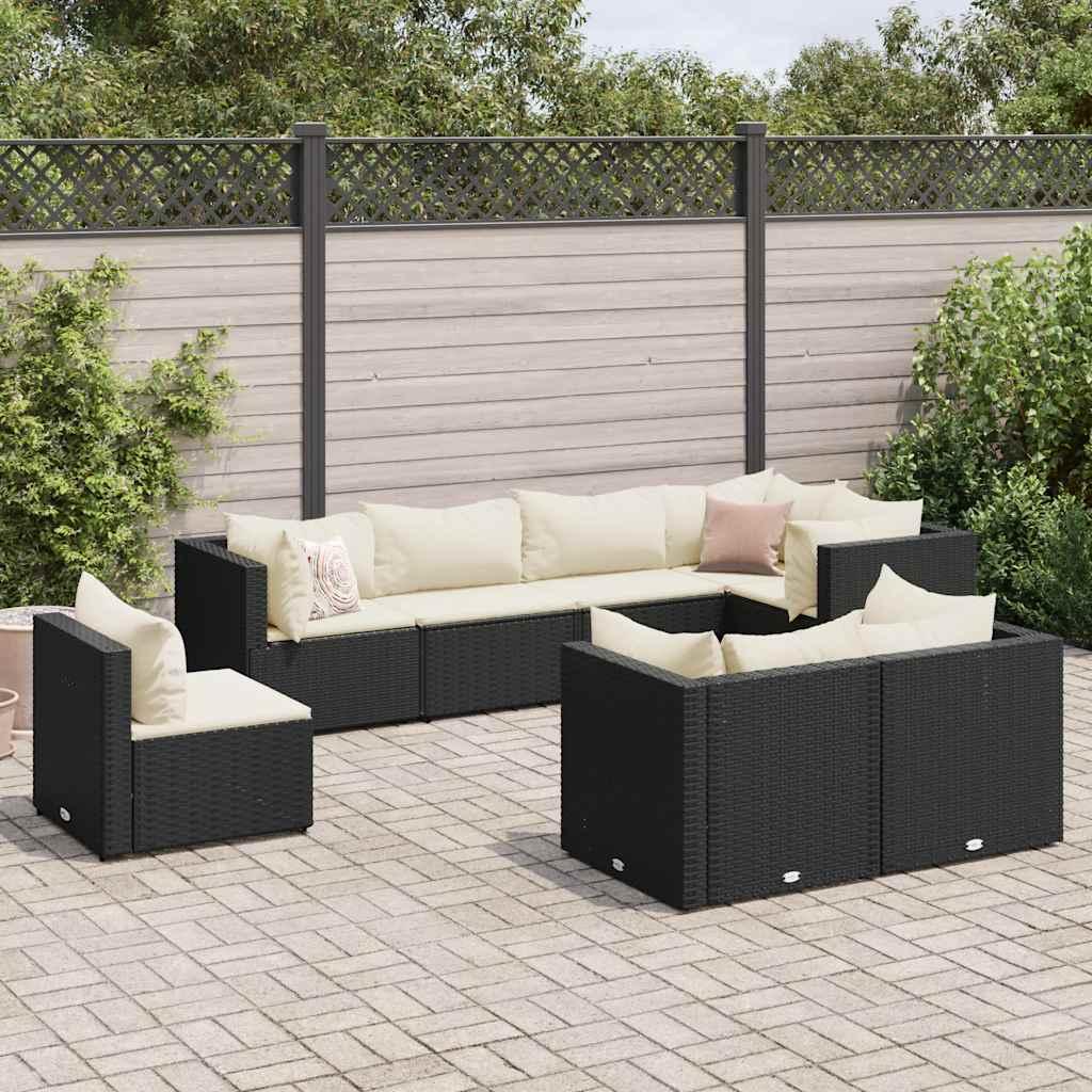 Loungesæt til haven i polyrattan - 8 dele med hynder, sort