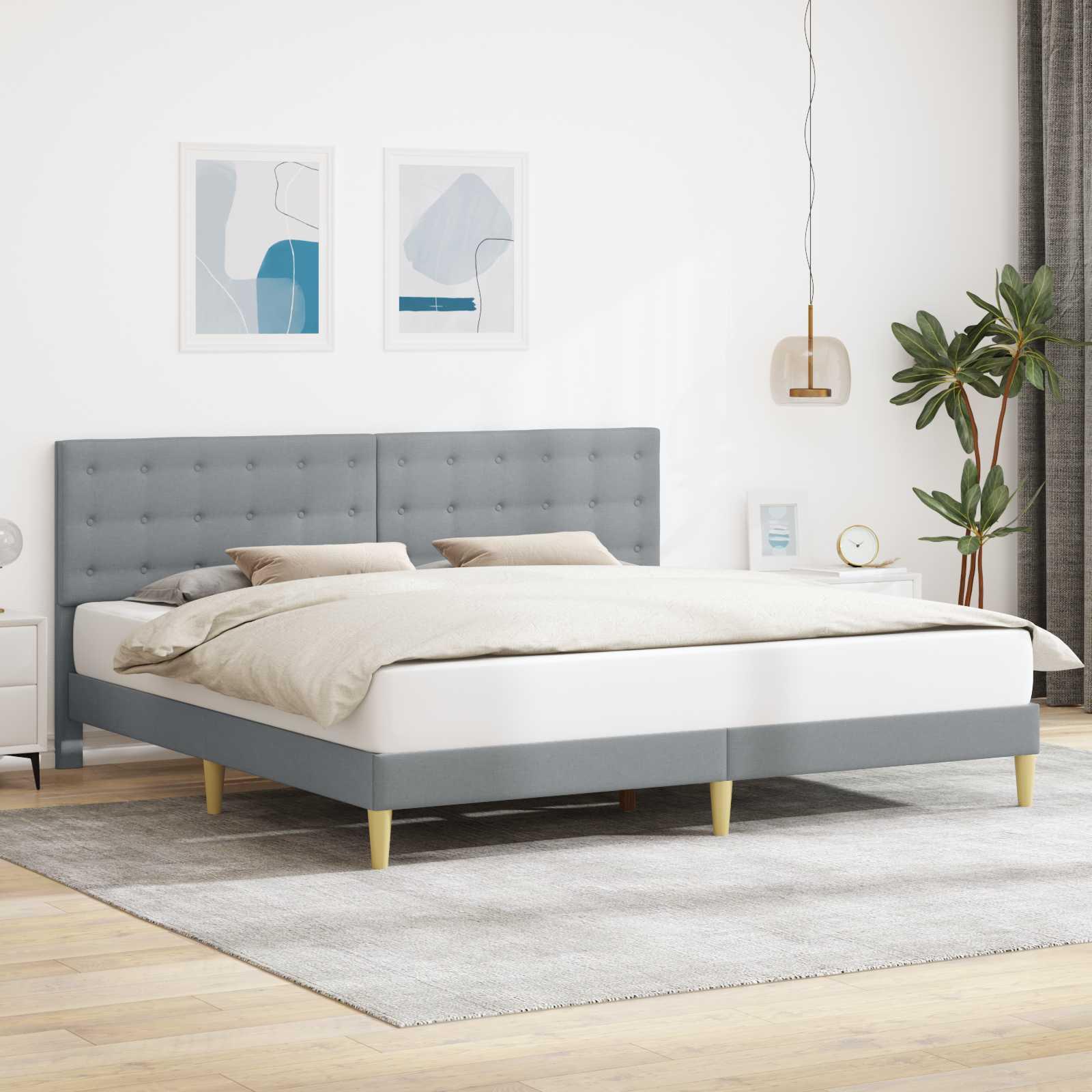 Sengestel med hovedgærde i stof - lysegrå 200 × 200 cm