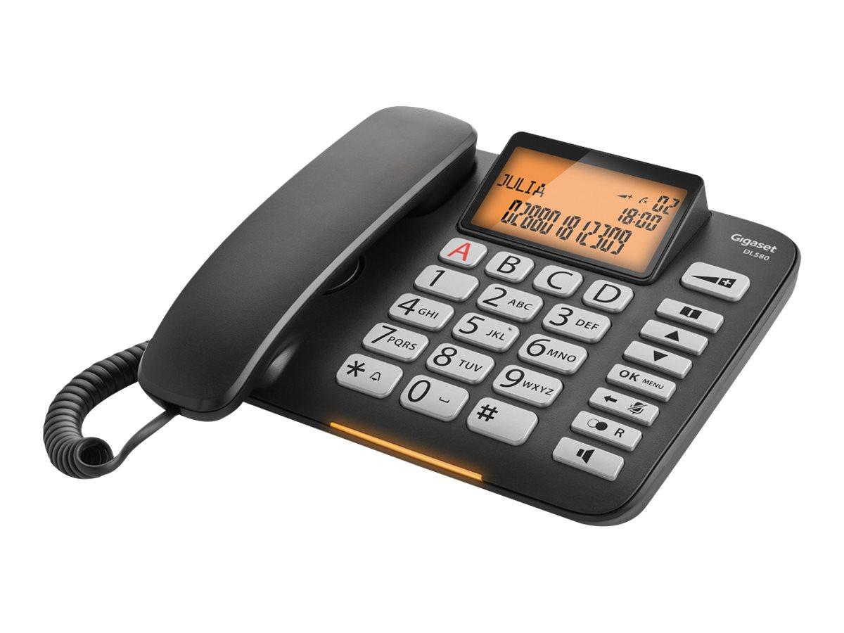 Gigaset DL580 fastnettelefon med ledning og LCD-skærm – sort
