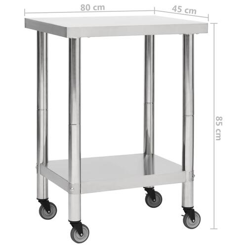 Arbejdsbord med hjul til køkken 80x45x85 cm rustfrit stål