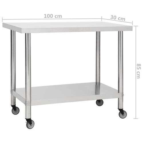 Arbejdsbord med hjul til køkken 100x30x85 cm rustfrit stål