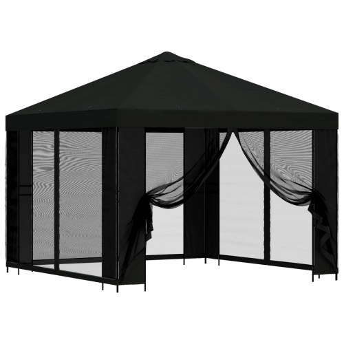 Havepavillon 3 x 3 m - sort med sidevægge i mesh, polyester/stål (190 gsm)