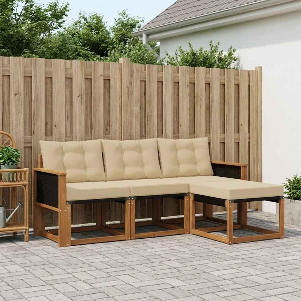 Udendørs Sofagruppe Med Pude 4 Dele - Naturlig og beige / Sort rattan
