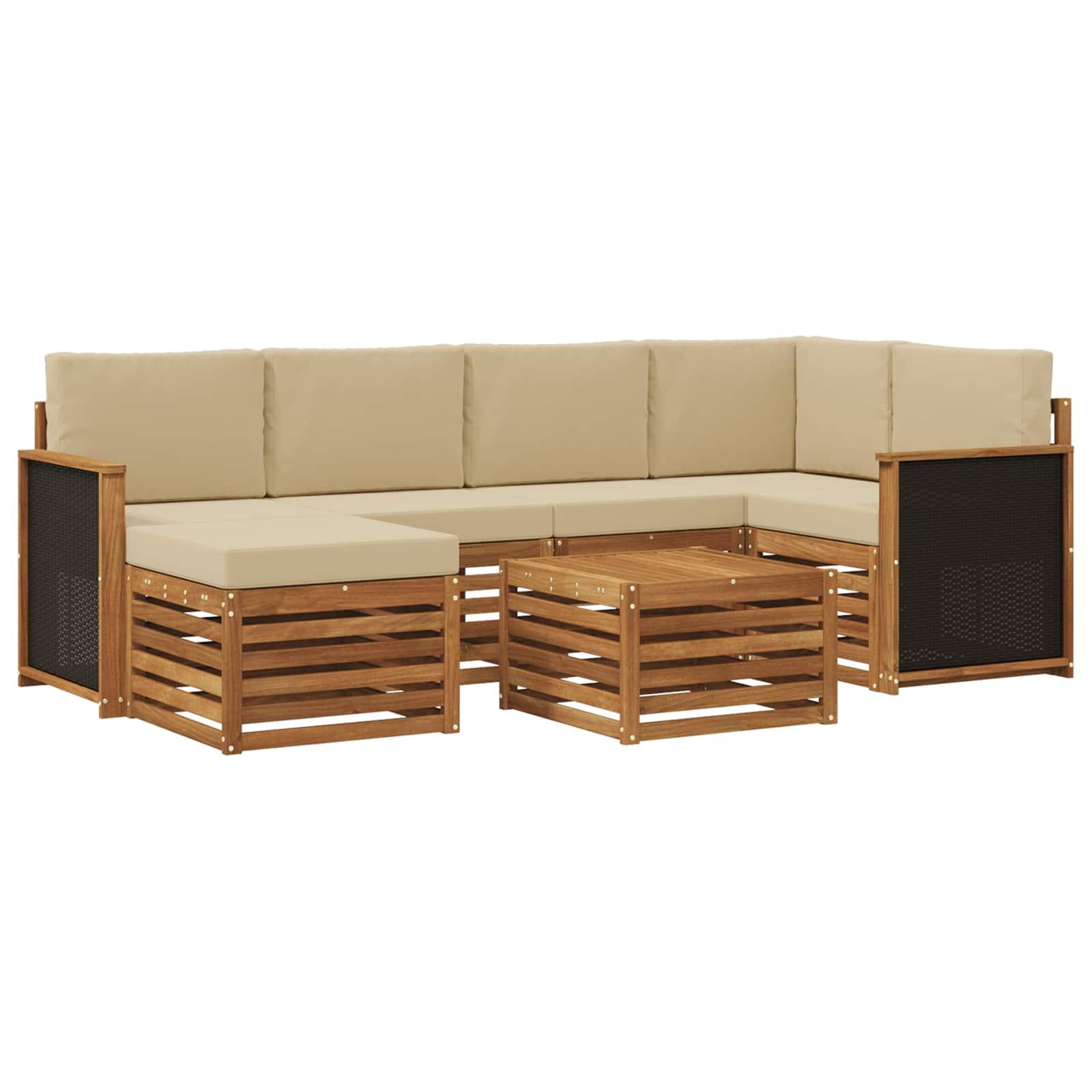 Sektionalsofa sæt til terrasse - 6 dele i naturfarvet akacietræ med polyesterhynder