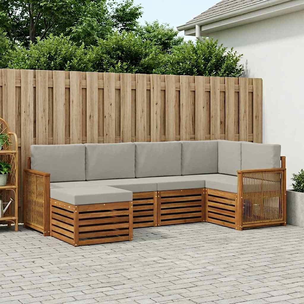 Sektionalsofa sæt til terrasse - natur/lysegrå, 5 dele med puder